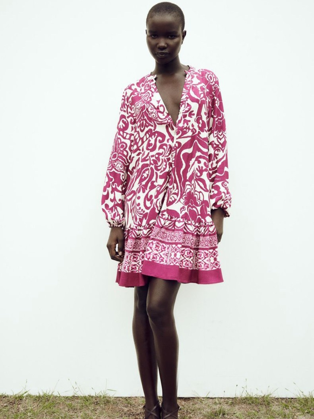 Zara Pink and White Printed Oversized Flowy V-Neck Swing Dress (BNWT)